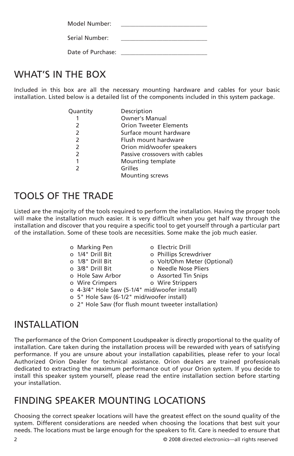 What’s in the box, Tools of the trade, Installation | Finding speaker mounting locations | Orion Car Audio XTR52 User Manual | Page 3 / 29