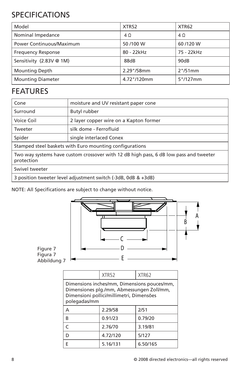 Specifications, Features, Ab c | Orion Car Audio XTR52 User Manual | Page 9 / 29