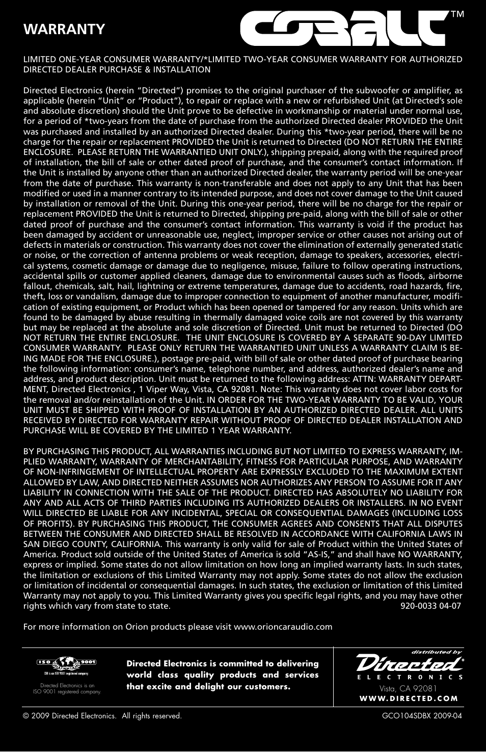 Warranty | Orion Car Audio CO124SBX User Manual | Page 5 / 5