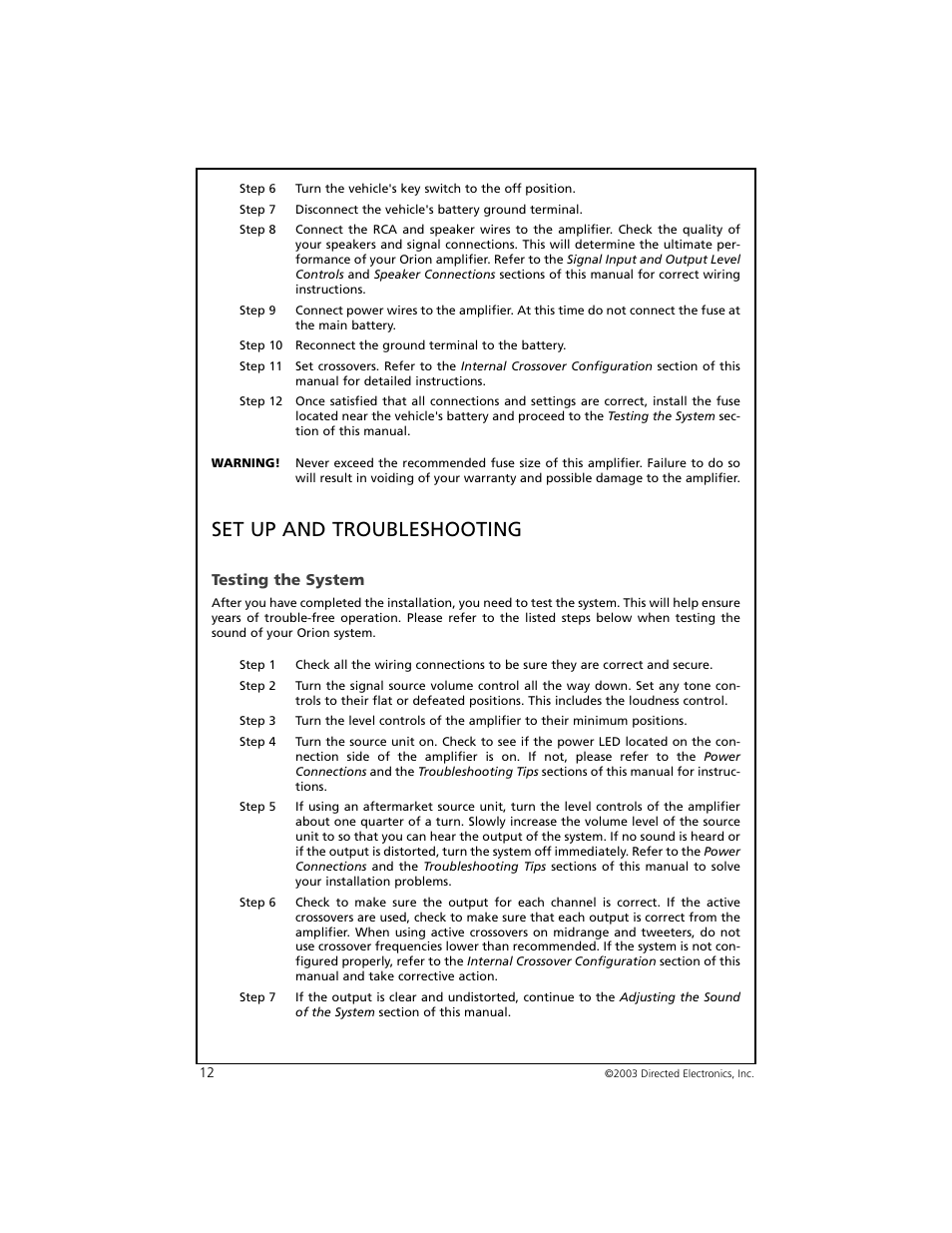 Set up and troubleshooting | Orion Car Audio 4004 User Manual | Page 13 / 18