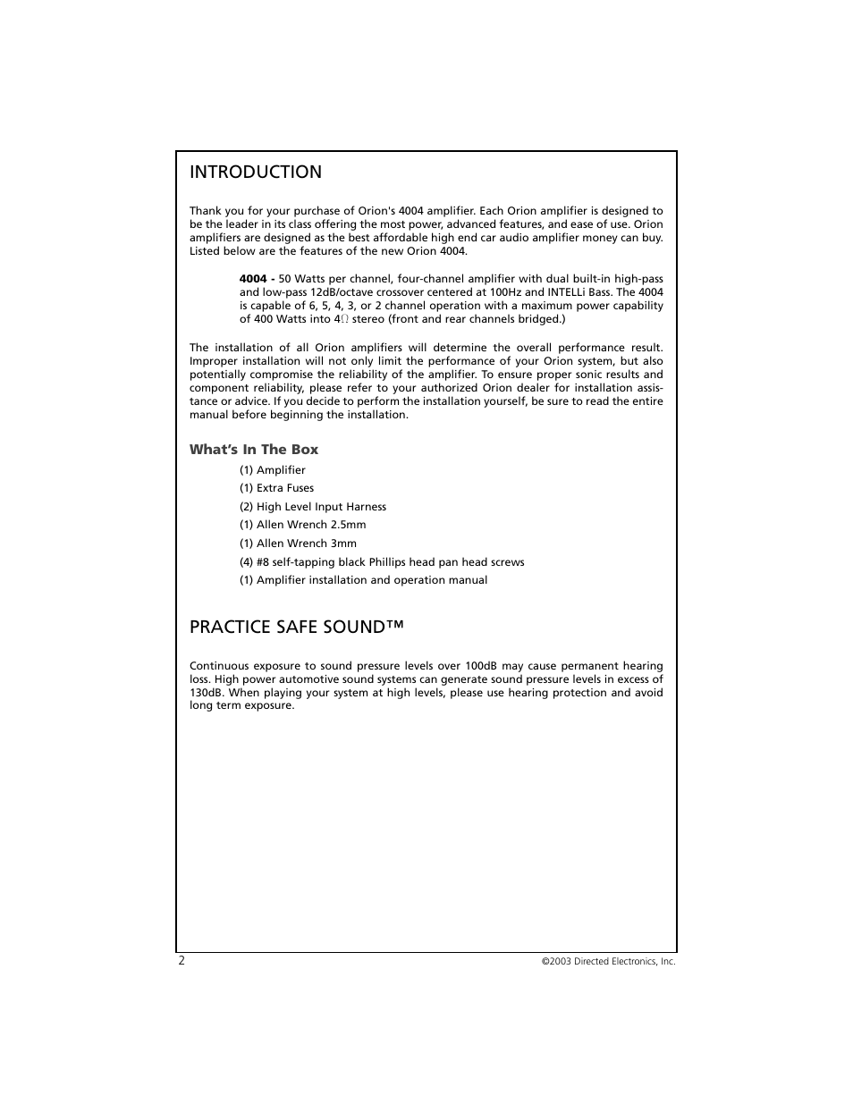 Introduction, Practice safe sound | Orion Car Audio 4004 User Manual | Page 3 / 18