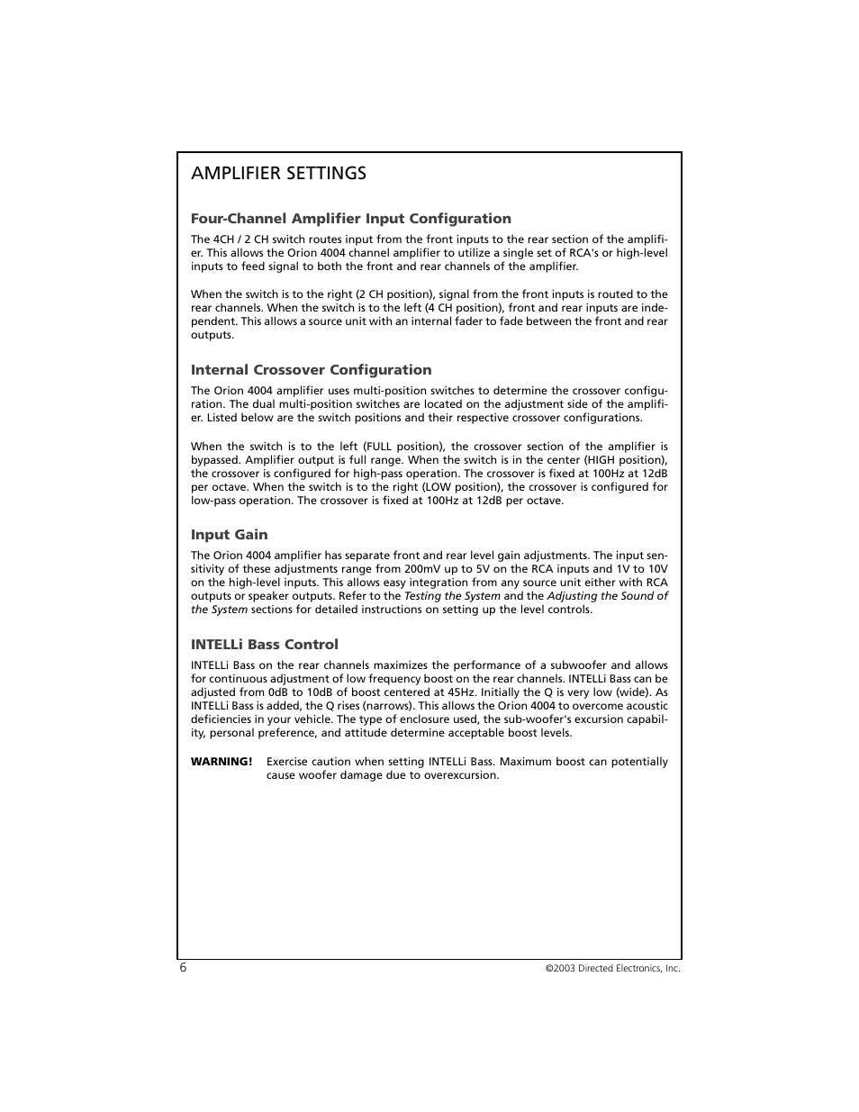 Amplifier settings | Orion Car Audio 4004 User Manual | Page 7 / 18