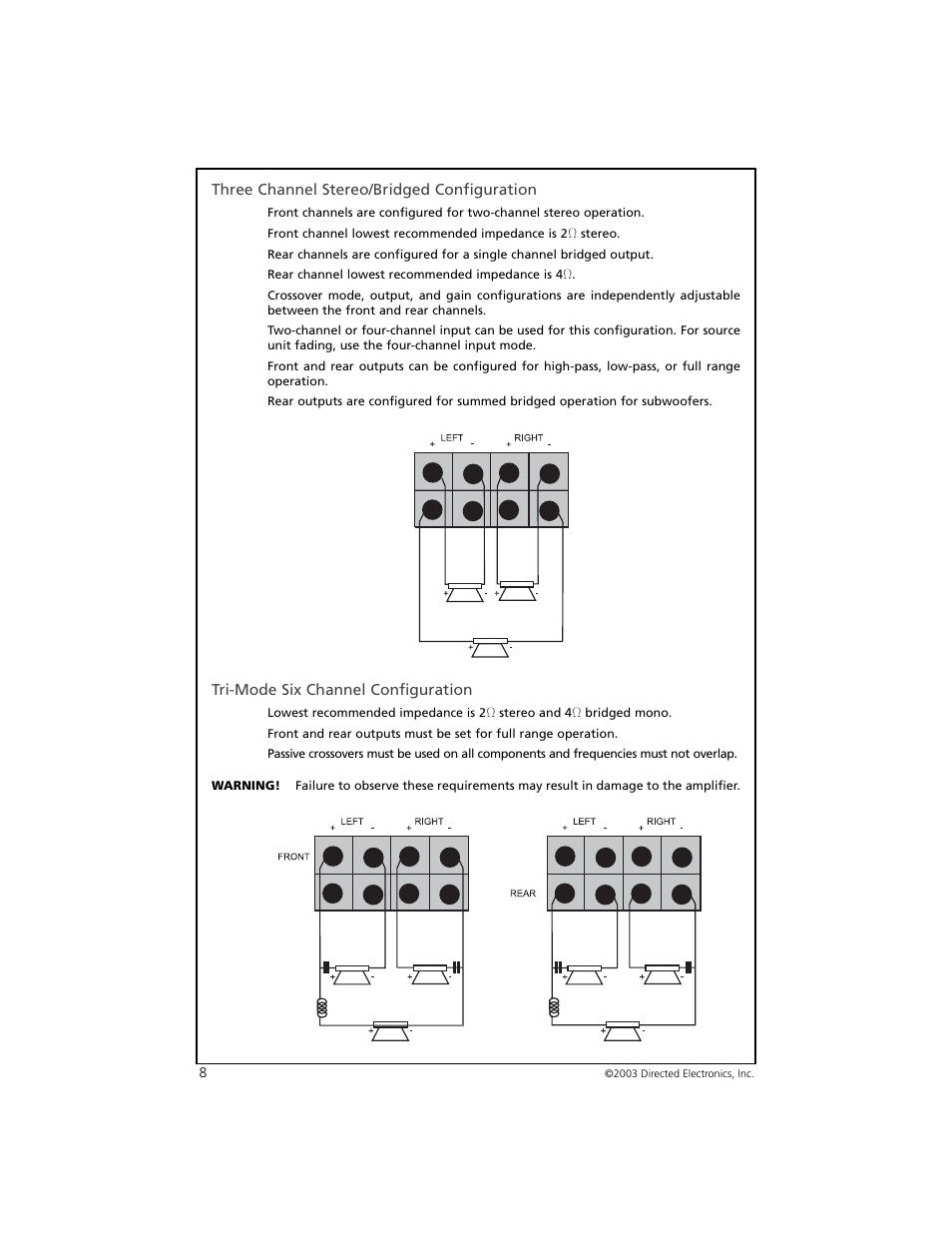 Three channel stereo/bridged configuration, Tri-mode six channel configuration | Orion Car Audio 4004 User Manual | Page 9 / 18