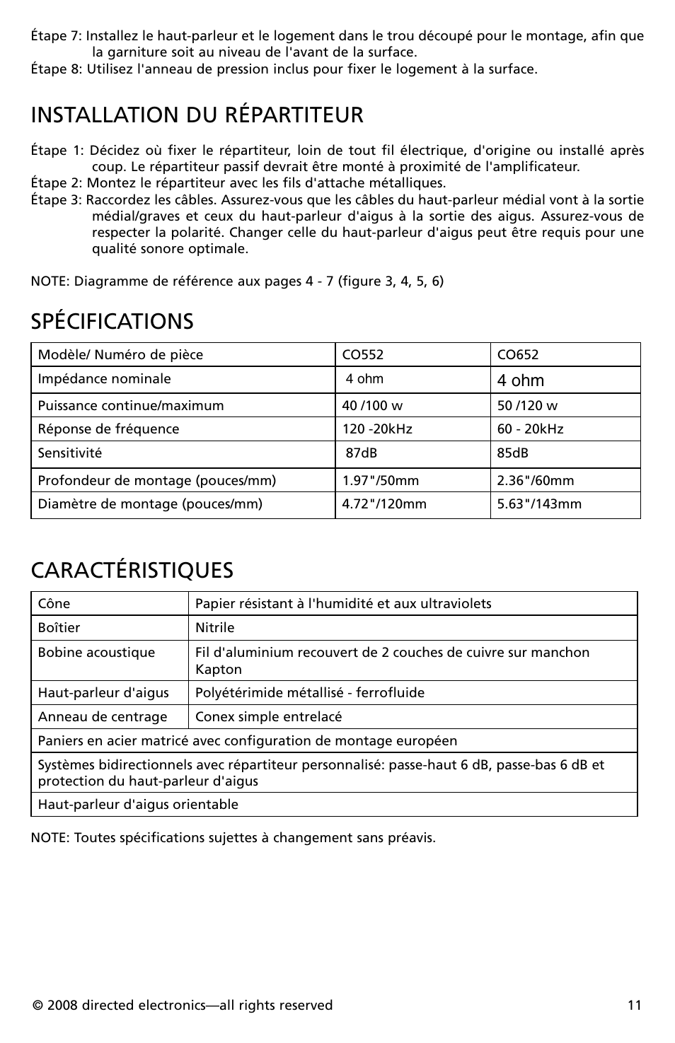 Installation du répartiteur, Spécifications, Caractéristiques | 4 ohm | Orion Car Audio CO652 User Manual | Page 12 / 30