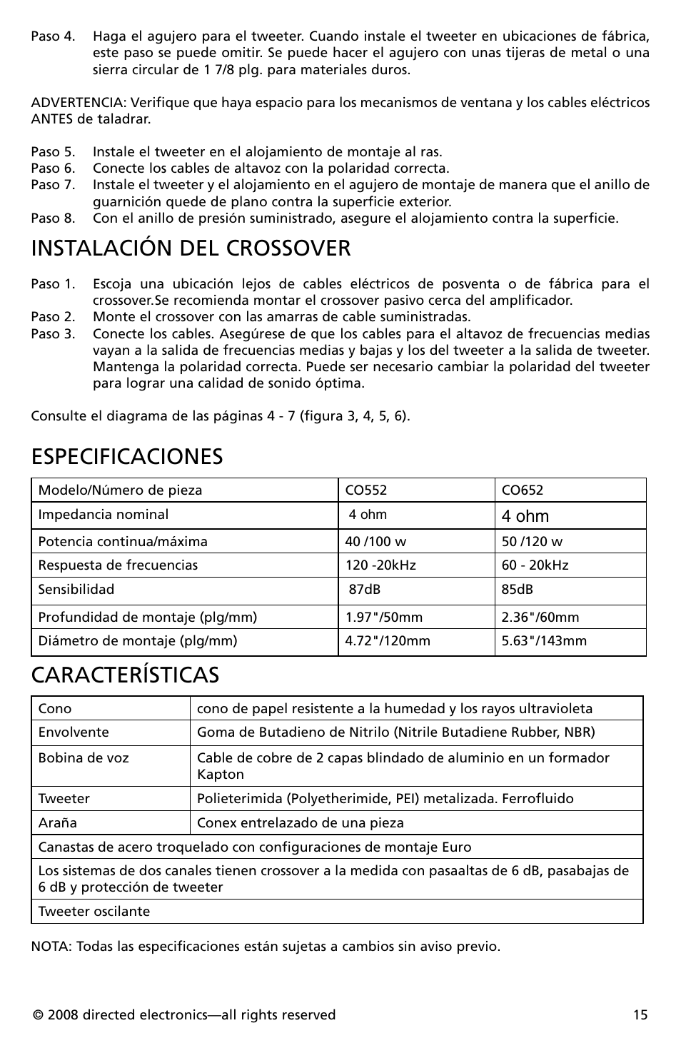 Instalación del crossover, Especificaciones, Características | 4 ohm | Orion Car Audio CO652 User Manual | Page 16 / 30