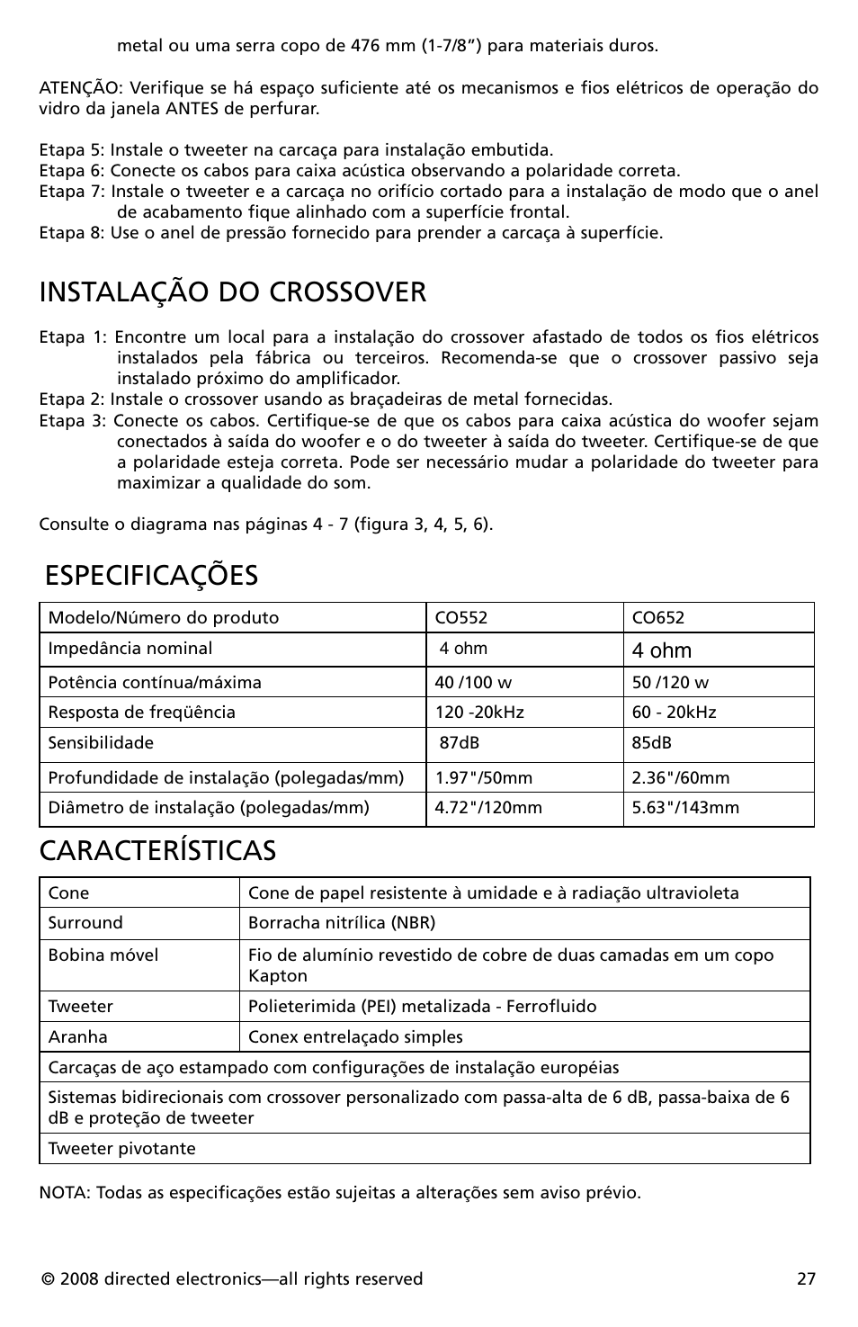 Instalação do crossover, Especificações, Características | 4 ohm | Orion Car Audio CO652 User Manual | Page 28 / 30