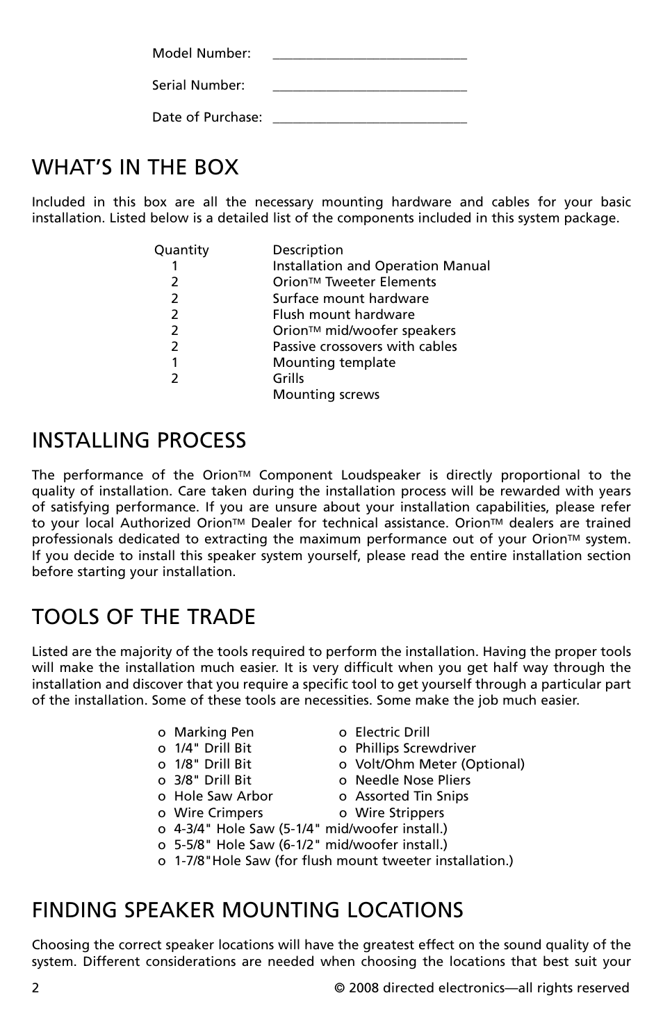 What’s in the box, Installing process, Tools of the trade | Finding speaker mounting locations | Orion Car Audio CO652 User Manual | Page 3 / 30