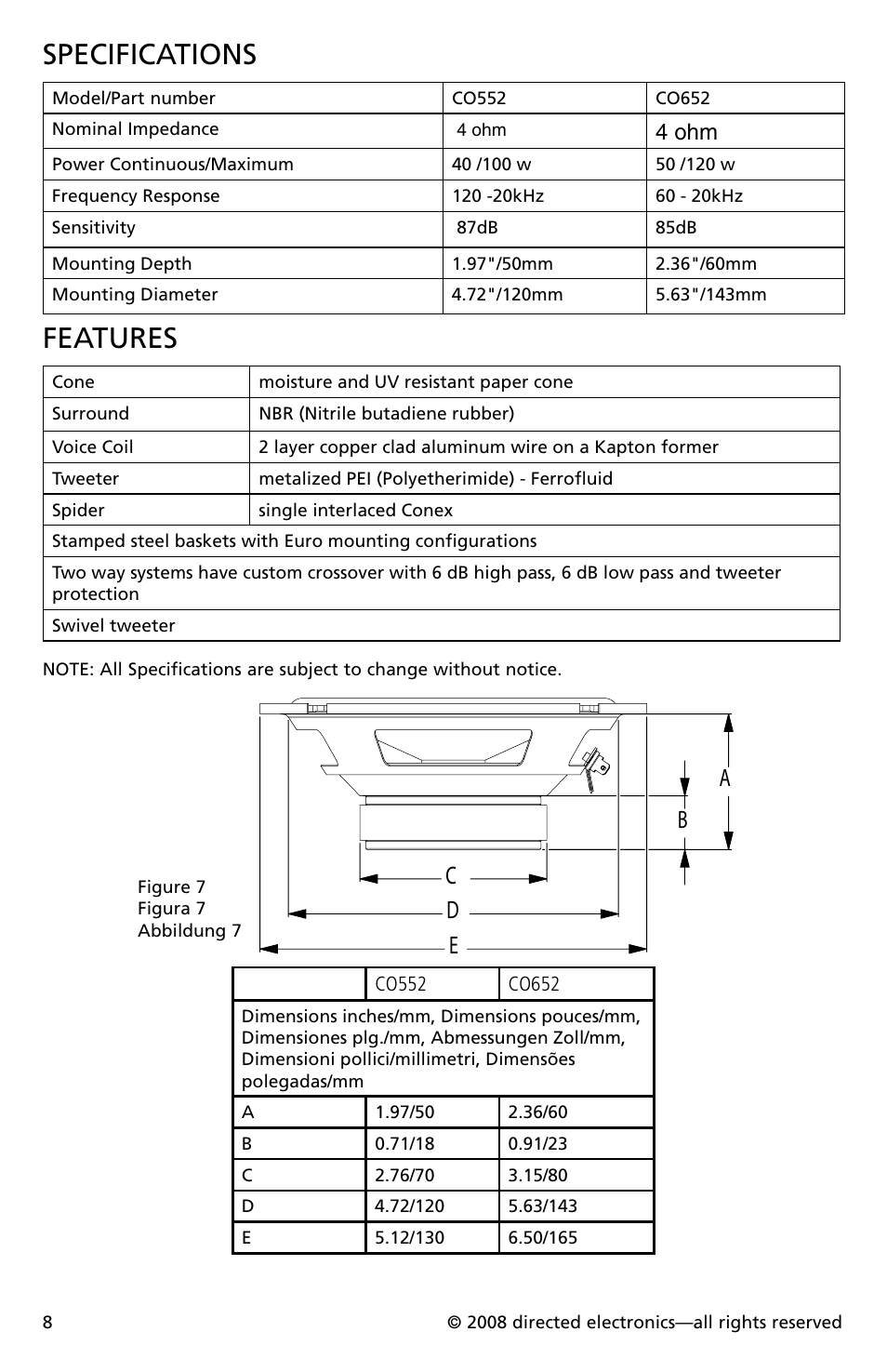 Specifications, Features, 4 ohm | Orion Car Audio CO652 User Manual | Page 9 / 30