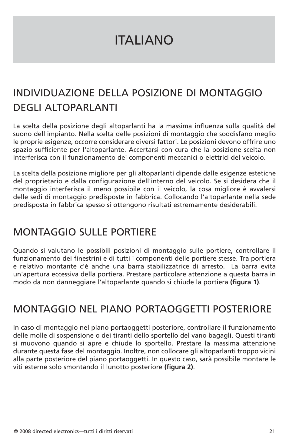 Italiano, Montaggio sulle portiere, Montaggio nel piano portaoggetti posteriore | Orion Car Audio Coaxial Speaker XTR522 User Manual | Page 22 / 29