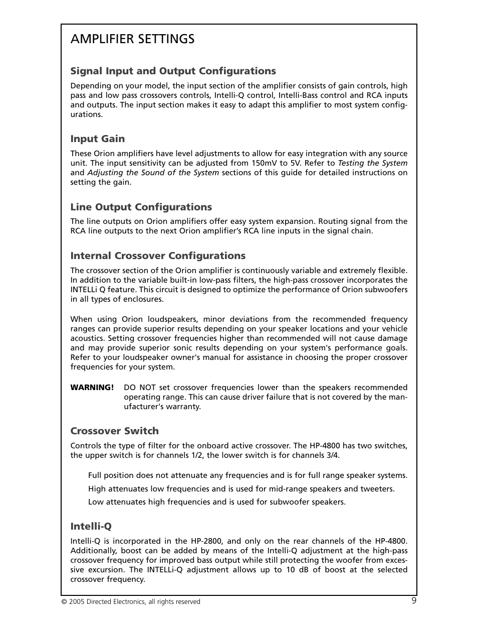 Amplifier settings | Orion Car Audio HP-4800 User Manual | Page 10 / 30