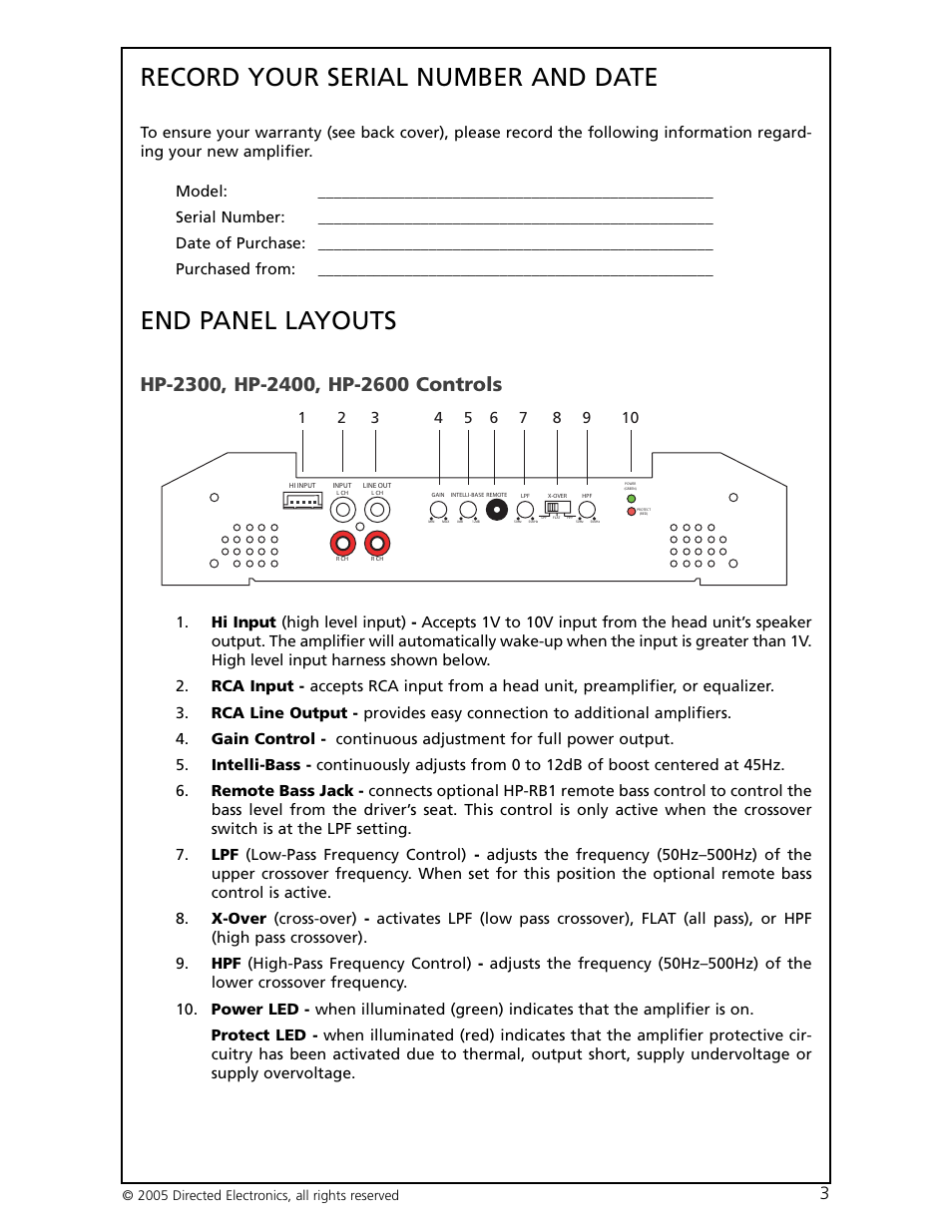Record your serial number and date, End panel layouts | Orion Car Audio HP-2600 User Manual | Page 4 / 29