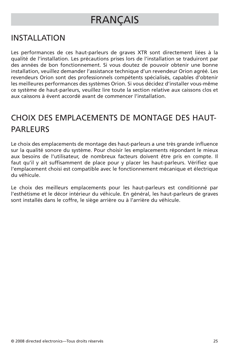 Français, Installation | Orion Car Audio XTR Subwoofers XTR104 User Manual | Page 25 / 75