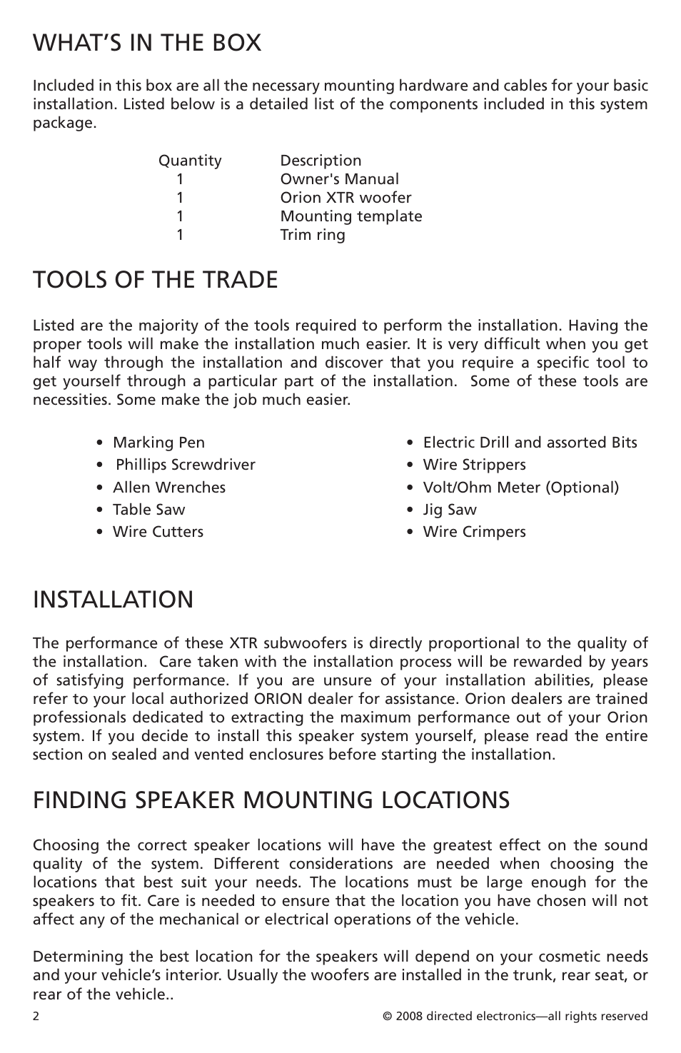 What’s in the box, Tools of the trade, Installation | Finding speaker mounting locations | Orion Car Audio XTR Subwoofers XTR104 User Manual | Page 3 / 75