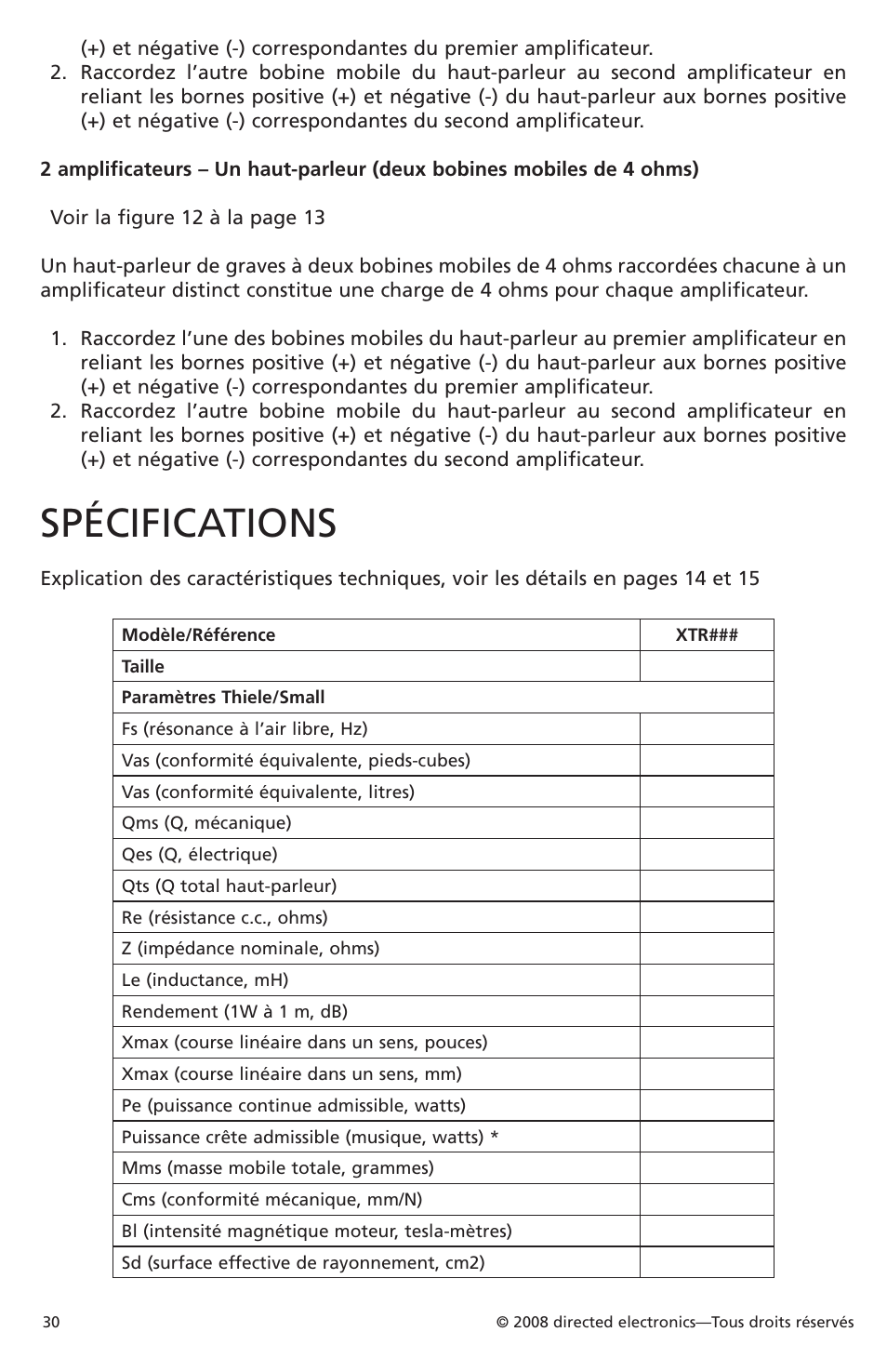 Spécifications | Orion Car Audio XTR Subwoofers XTR104 User Manual | Page 30 / 75