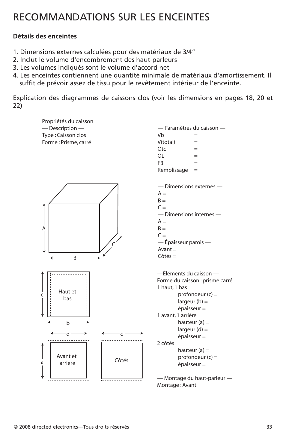 Recommandations sur les enceintes | Orion Car Audio XTR Subwoofers XTR104 User Manual | Page 33 / 75