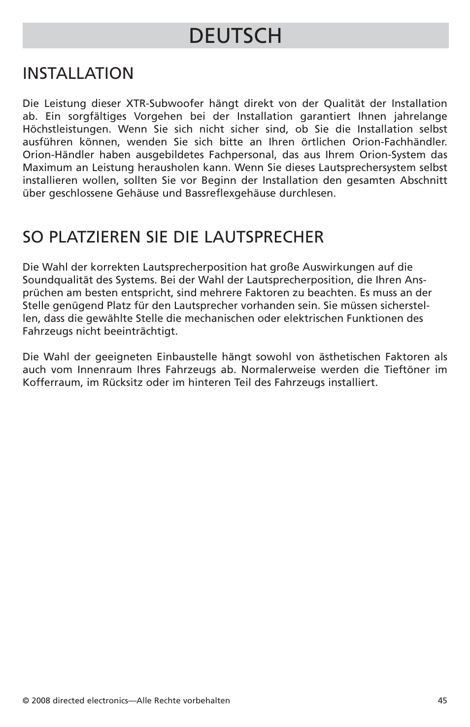 Deutsch, Installation, So platzieren sie die lautsprecher | Orion Car Audio XTR Subwoofers XTR104 User Manual | Page 45 / 75