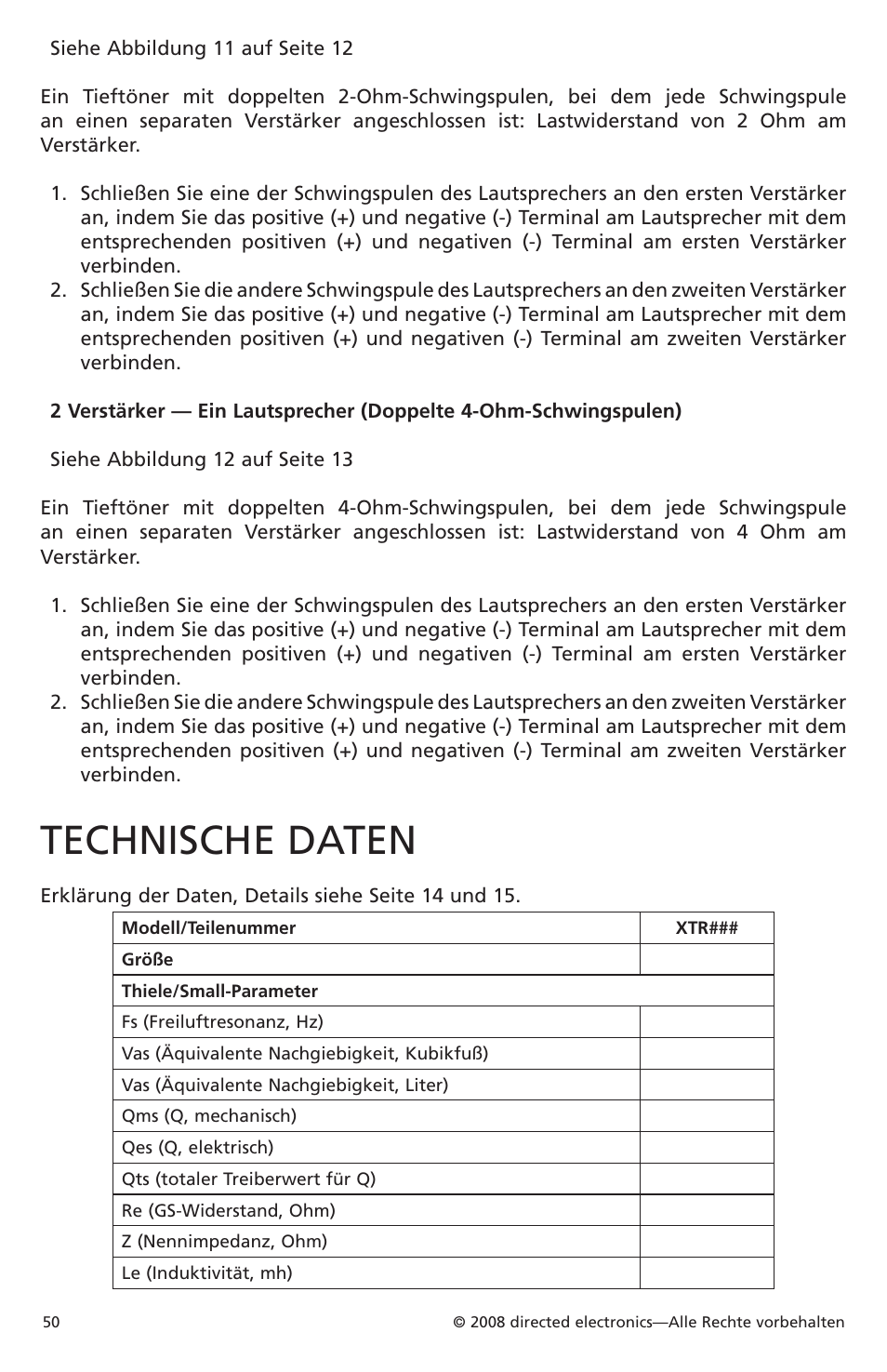 Technische daten | Orion Car Audio XTR Subwoofers XTR104 User Manual | Page 50 / 75