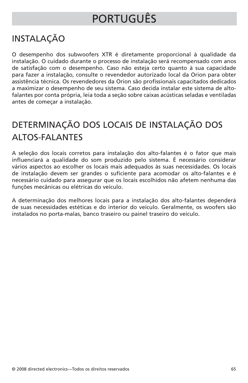 Português, Instalação | Orion Car Audio XTR Subwoofers XTR104 User Manual | Page 65 / 75