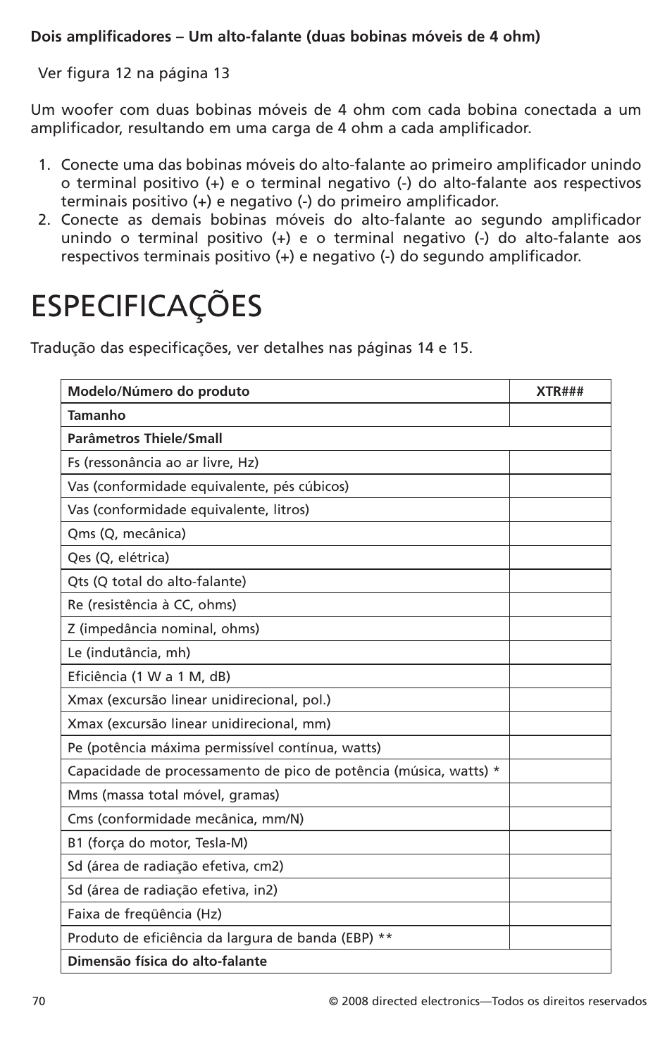 Especificações | Orion Car Audio XTR Subwoofers XTR104 User Manual | Page 70 / 75