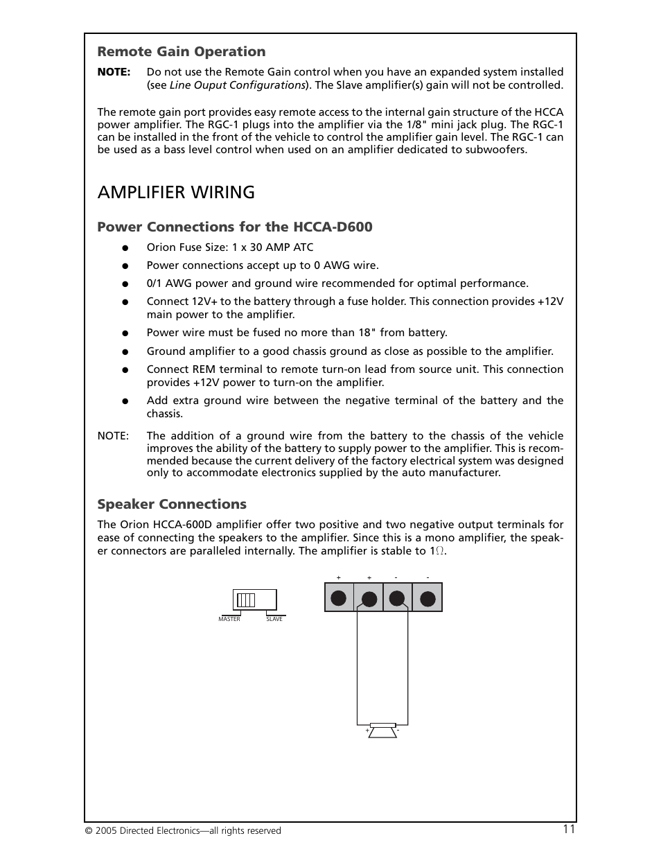 Amplifier wiring, Remote gain operation, Power connections for the hcca-d600 | Speaker connections | Orion Car Audio HCCA-D600 User Manual | Page 12 / 21