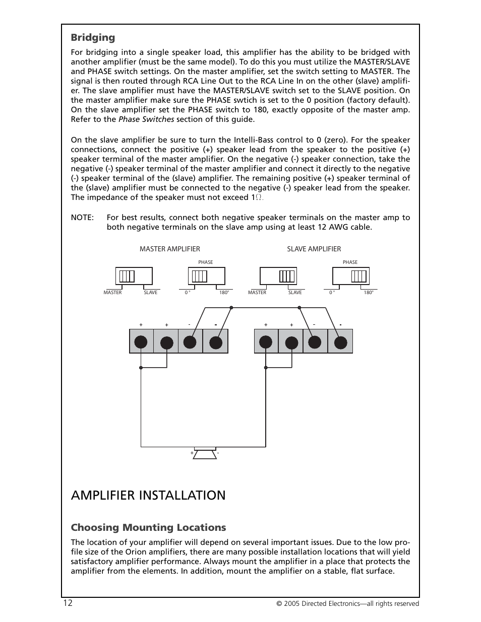 Amplifier installation, Bridging, Choosing mounting locations | Orion Car Audio HCCA-D600 User Manual | Page 13 / 21