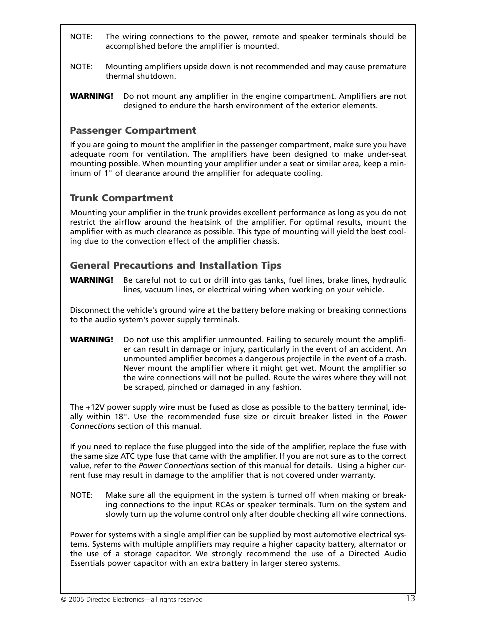 Passenger compartment, Trunk compartment, General precautions and installation tips | Orion Car Audio HCCA-D600 User Manual | Page 14 / 21