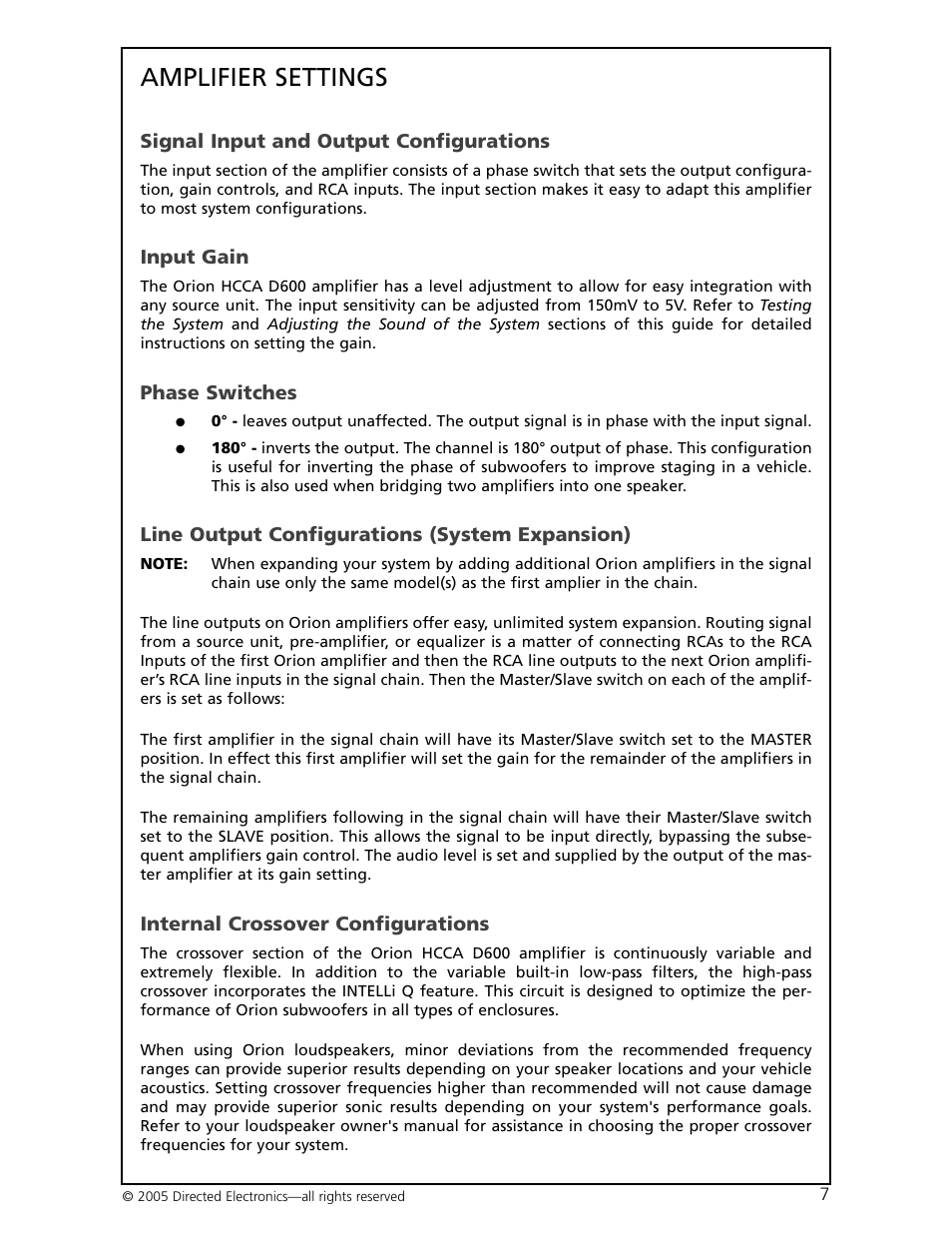 Amplifier settings | Orion Car Audio HCCA-D600 User Manual | Page 8 / 21