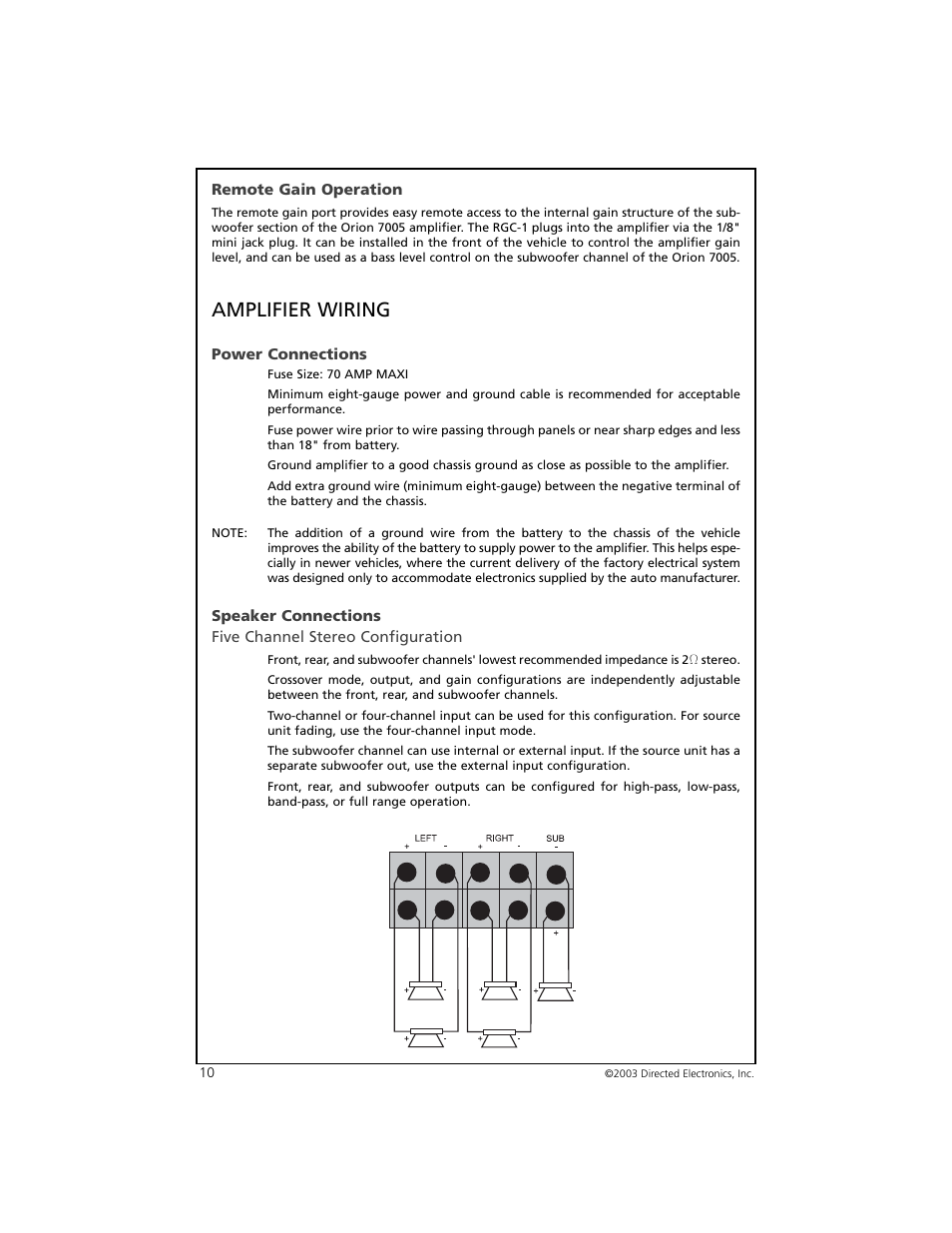 Amplifier wiring | Orion Car Audio 7005 User Manual | Page 11 / 22