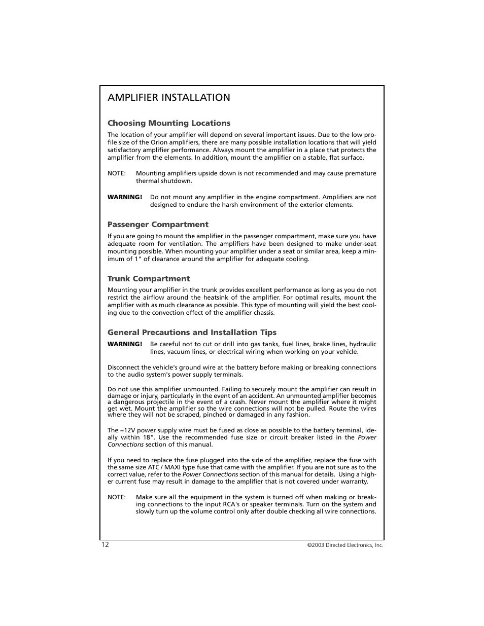 Amplifier installation | Orion Car Audio 7005 User Manual | Page 13 / 22