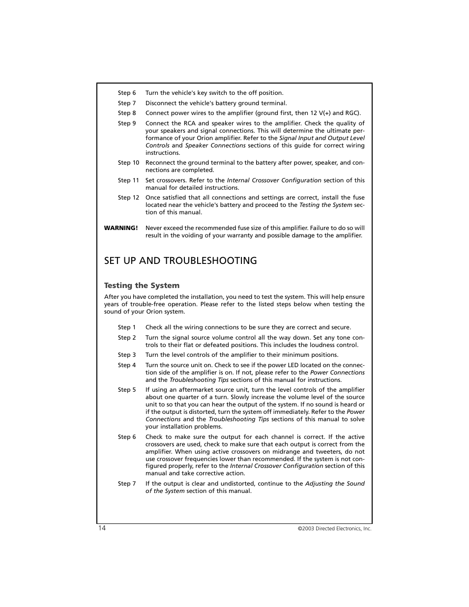 Set up and troubleshooting | Orion Car Audio 7005 User Manual | Page 15 / 22