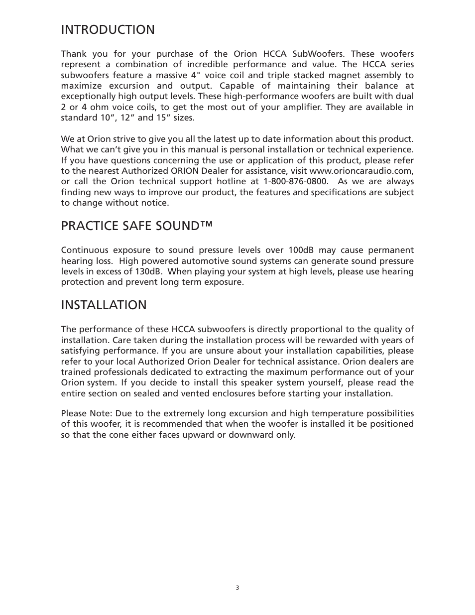 Introduction, Practice safe sound, Installation | Orion Car Audio HCCA 10.4 User Manual | Page 3 / 26