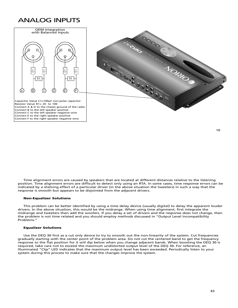 Analog inputs, Oem integration with balanced inputs | Orion Car Audio DEQ 30 User Manual | Page 11 / 27