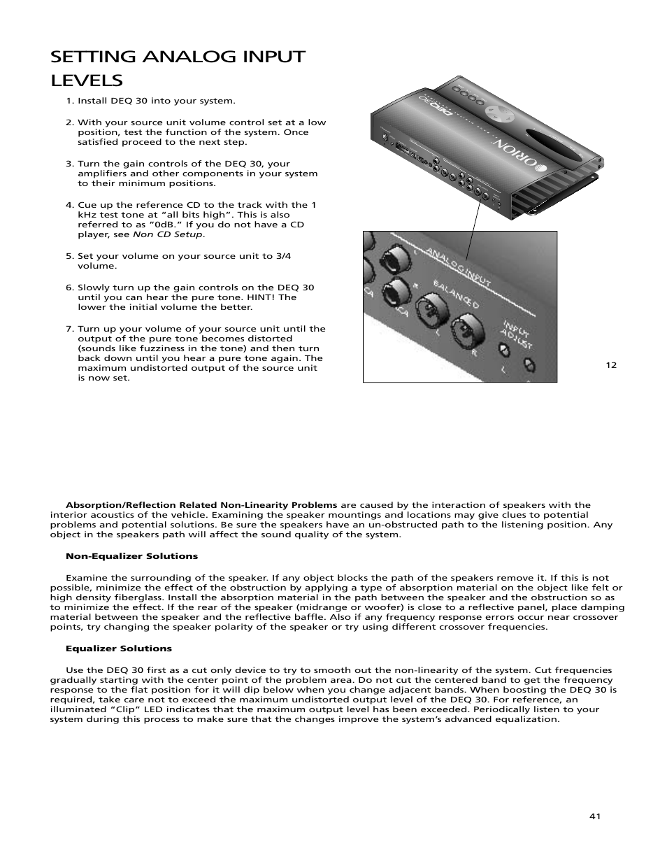 Setting analog input levels, Ou t in, An alo g/ dig ita l to s/ co ax | Re m gnd 12v | Orion Car Audio DEQ 30 User Manual | Page 13 / 27