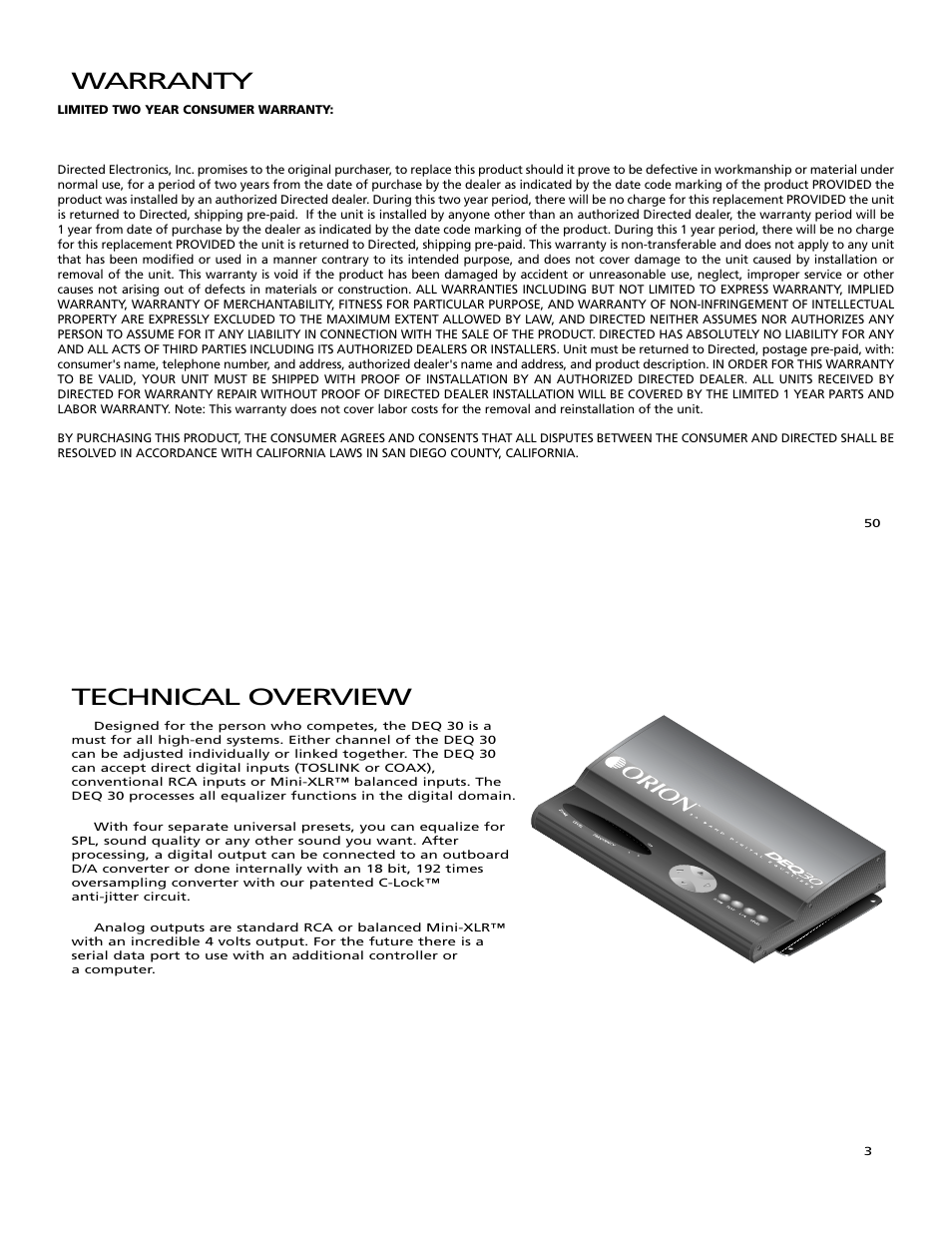 Technical overview, Warranty | Orion Car Audio DEQ 30 User Manual | Page 4 / 27