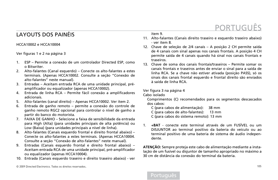 Português, Layouts dos painéis | Orion Car Audio HCCA COMPETITION HCCA10002 User Manual | Page 106 / 126