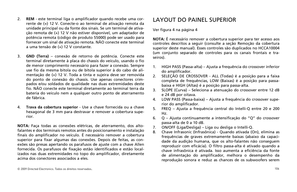 Layout do painel superior | Orion Car Audio HCCA COMPETITION HCCA10002 User Manual | Page 107 / 126