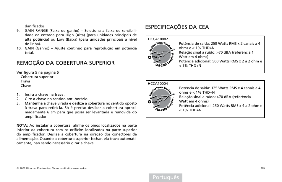 Português, Remoção da cobertura superior, Especificações da cea | Orion Car Audio HCCA COMPETITION HCCA10002 User Manual | Page 108 / 126