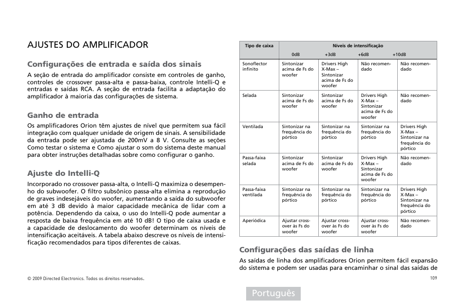 Português ajustes do amplificador, Onfigura ües, Anho | Juste | Orion Car Audio HCCA COMPETITION HCCA10002 User Manual | Page 110 / 126