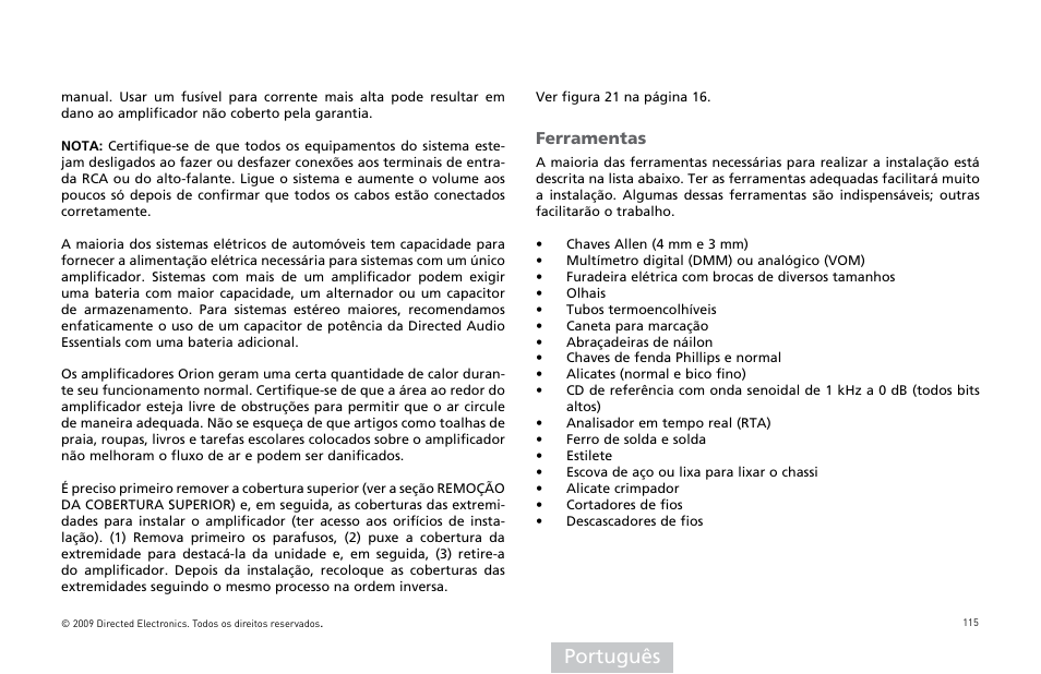 Português, Erramentas | Orion Car Audio HCCA COMPETITION HCCA10002 User Manual | Page 116 / 126