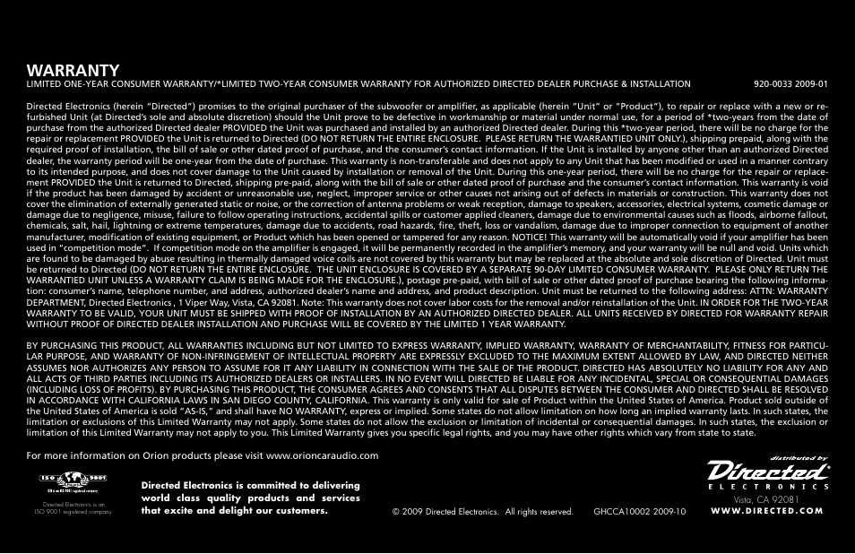 Warranty | Orion Car Audio HCCA COMPETITION HCCA10002 User Manual | Page 126 / 126