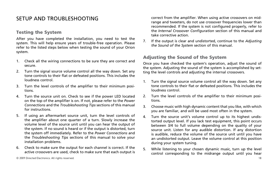 Setup and troubleshooting, 4esting, Djusting | Orion Car Audio HCCA COMPETITION HCCA10002 User Manual | Page 19 / 126