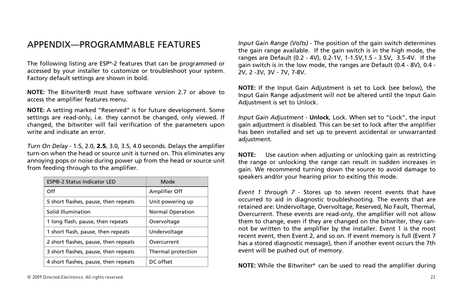 Appendix—programmable features | Orion Car Audio HCCA COMPETITION HCCA10002 User Manual | Page 24 / 126