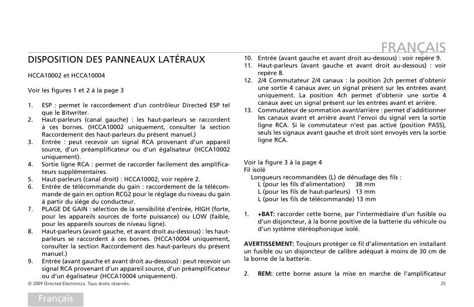 Français, Disposition des panneaux latéraux | Orion Car Audio HCCA COMPETITION HCCA10002 User Manual | Page 26 / 126