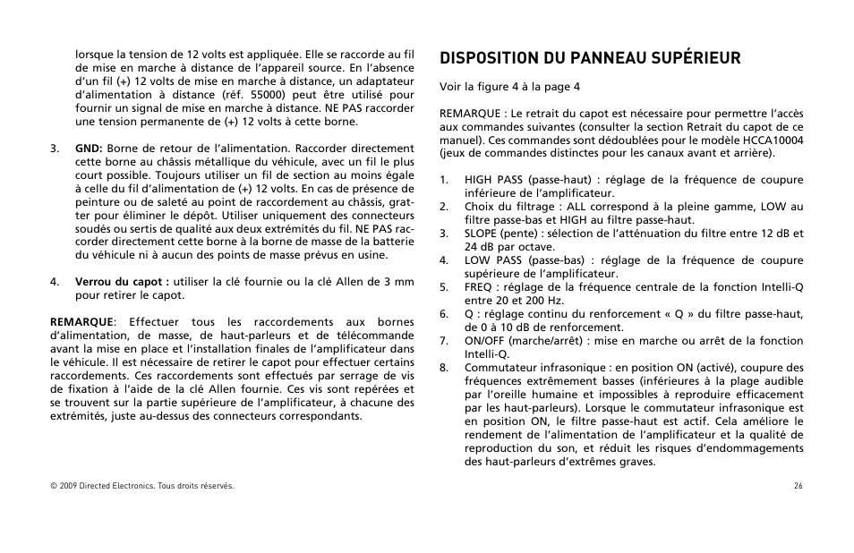 Disposition du panneau supérieur | Orion Car Audio HCCA COMPETITION HCCA10002 User Manual | Page 27 / 126