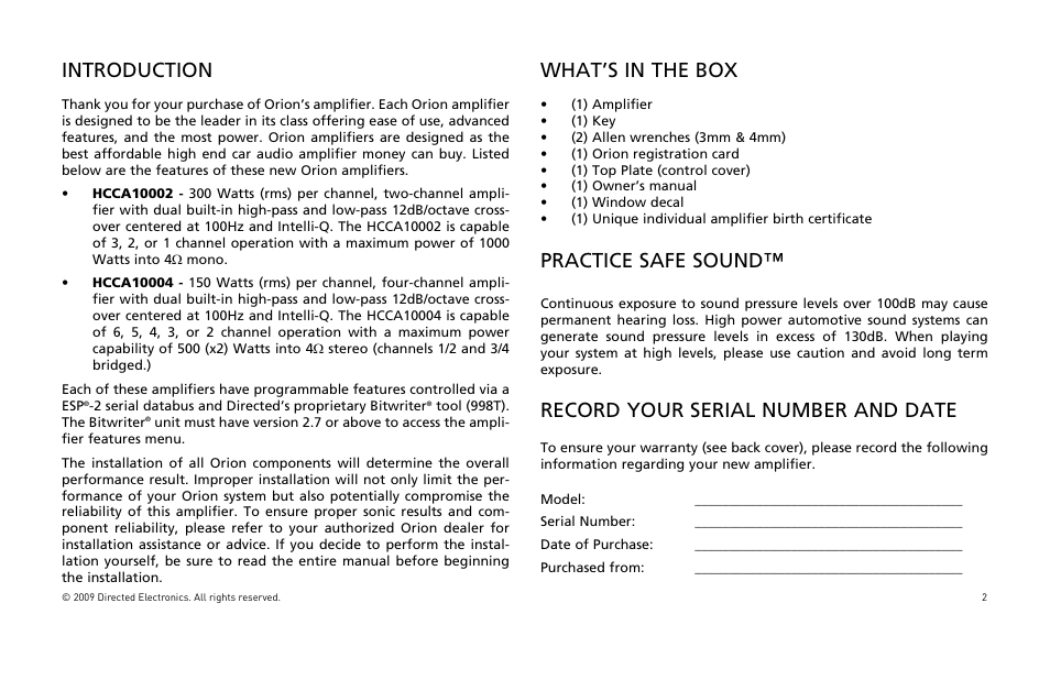 Introduction, What’s in the box, Practice safe sound | Record your serial number and date | Orion Car Audio HCCA COMPETITION HCCA10002 User Manual | Page 3 / 126