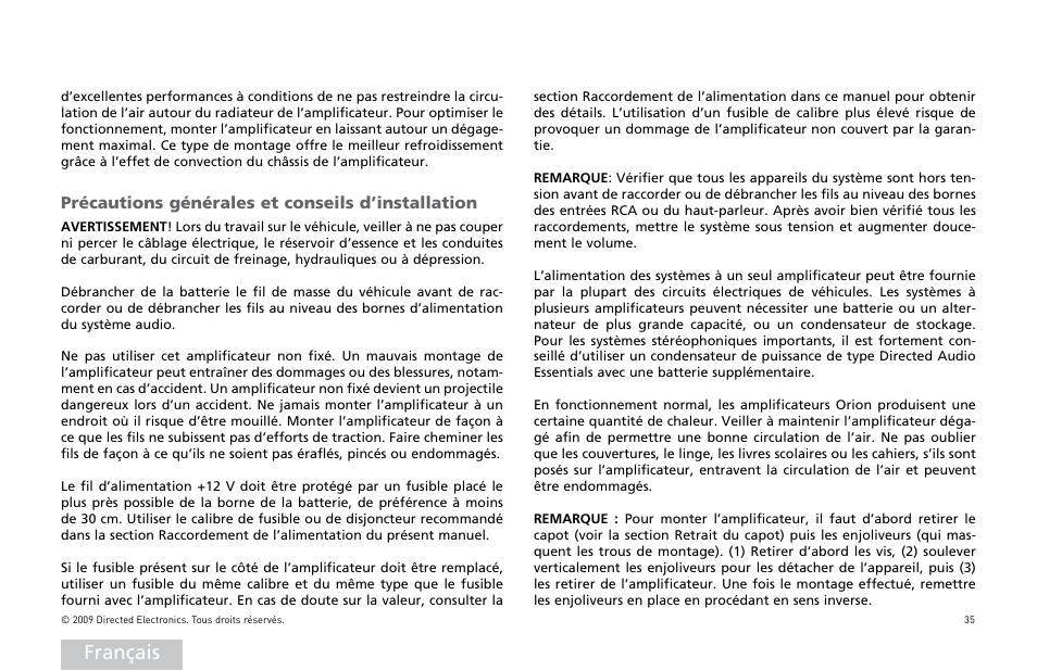 Français, 0rïcautions | Orion Car Audio HCCA COMPETITION HCCA10002 User Manual | Page 36 / 126