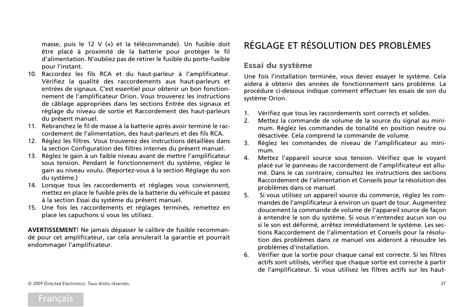 Français, Réglage et résolution des problèmes, Ssai | Orion Car Audio HCCA COMPETITION HCCA10002 User Manual | Page 38 / 126