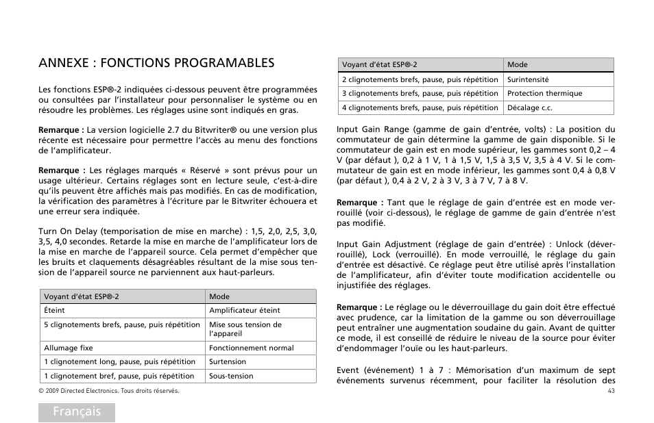 Français annexe : fonctions programables | Orion Car Audio HCCA COMPETITION HCCA10002 User Manual | Page 44 / 126