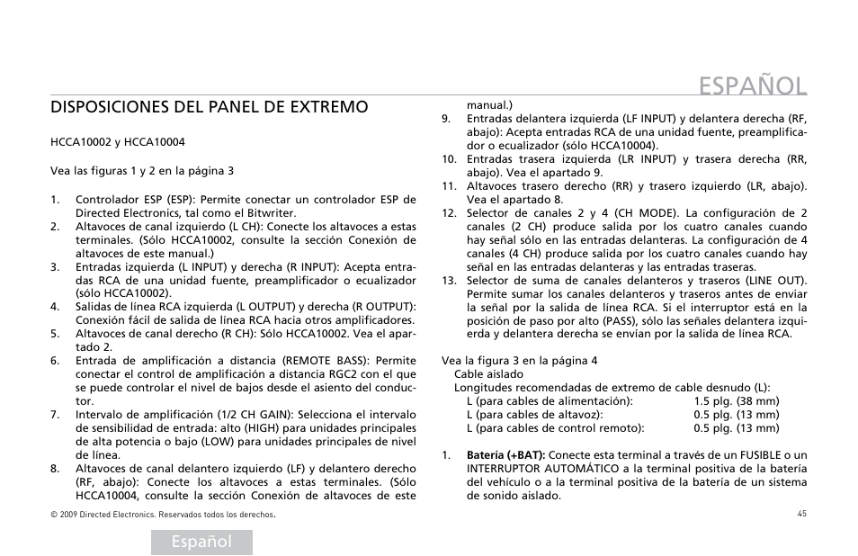 Español, Disposiciones del panel de extremo | Orion Car Audio HCCA COMPETITION HCCA10002 User Manual | Page 46 / 126