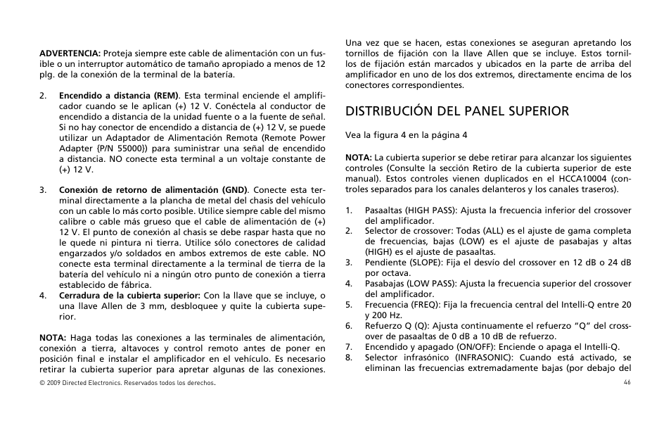 Distribución del panel superior | Orion Car Audio HCCA COMPETITION HCCA10002 User Manual | Page 47 / 126